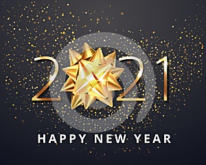 2021 Happy New Year vector background with golden gift bow, confetti, white numbers. Winter holiday greeting card design