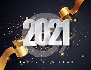 2021 Happy New Year vector background with golden gift ribbon, confetti, white numbers. Christmas celebrate design