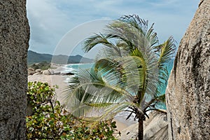 2021 March 10 landscape picture from Parque natural Tayrona natural national park, Magdalena, Colombia Seascape with a palm tree