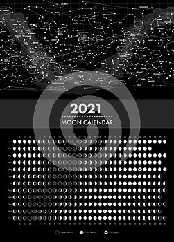 2021 moon phases calendar and equatorial star map vector