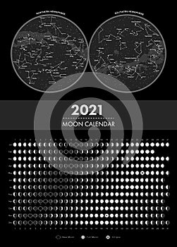2021 moon phases calendar and hemisphere star map vector