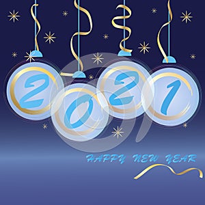 2021 New Year. Abstract holiday background. Blue and gold Christmas balls, snowflakes and serpentine on  dark blue background.