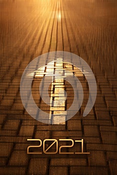 2021 New year and arrow on the road background. Forward New Year concept with arrow and 2021 number at sunset. Concept