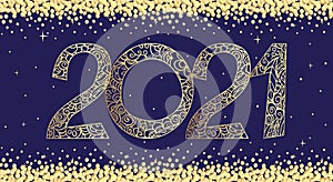 2021. New Year banner with openwork numbers and flying confetti. Golden vector gradient on a blue background.