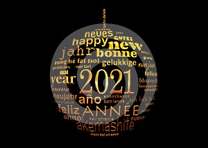 2021 new year black and gold multilingual text word cloud greeting card in the shape of a christmas ball