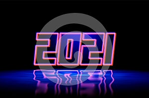 2021 New Year blue neon sign with shiny 3D digits and realistic reflection on wet floor. 2021 New Years Eve party or