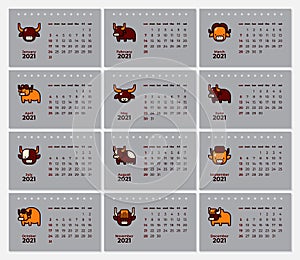 2021 New year calendar template, with ox family icons