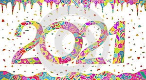 2021 New Year. Card, banner with numbers, stylized decorative snowdrifts and icicles. Vector colorful bright doodling.