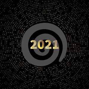 2021 New Year card design background with gold numbers and shiny golden glittering sparkles on black background