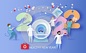 2021 New Year design card with Doctor team and medical health care professionals fighting with COVID-19