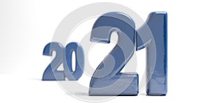 2021 new year eve. Blue numbers with depth of field and blurred numbers on white backdrop. Close up view, abstract. 3d