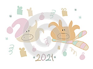 2021 New Year funny oxes cartoon drawing on transparent