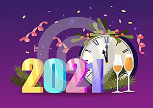 2021 New Year Greeting Card with Number, Chiming Clock Decorated with Spruce Branch, Champagne Wineglasses and Confetti