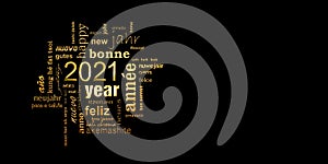 2021 new year multilingual golden text word cloud greeting card on panoramic black background