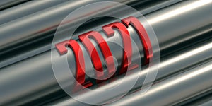 2021 new year, red number on steel metal pipes tubes background. 3d illustration