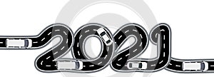 2021 New Year. The road with markings is stylized as an inscription. Car traffic. Isolated illustration
