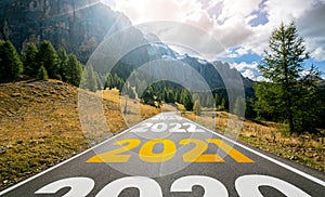 2021 New Year road trip travel and future vision concept .