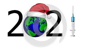 2021 new year. Syringe icon. Planet Earth in red Christmas hat on blue. Happy holidays, lettering. Pandemic Christmas concept. Ill