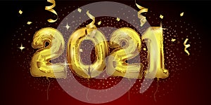 2021 number of gold foiled balloons isolated on red background. Happy new year 2021 holiday. Realistic 3d vector illustration