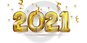 2021 number of gold foiled balloons isolated on white background. Happy new year 2021 holiday. Realistic 3d vector illustration.