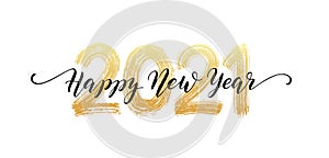 2021 number hand lettering. Happy New Year script text. Dry brush texture effect. Merry Christmas. Vector Illustration