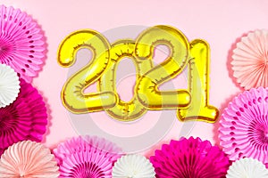 2021 numbers. Pink paper decoration Happy New Year party. Golden Christmas holiday greeting decor