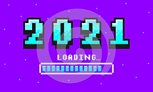 2021 pixel art banner for New Year. 2021 numbers in 8-bit retro games style and loading bar. Pixelated happy New Year