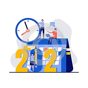 2021 plan concept with character, clock, calendar. Work project, time management, scheduling, opportunities of year, work to reach