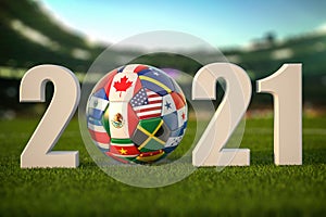 2021 with Soccer Football ball and flags of North America countries on  grass of football stadium. North America concacaf