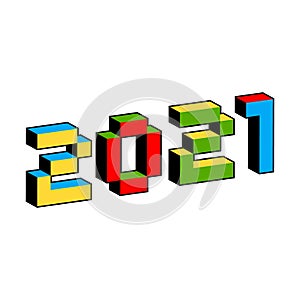 2021 text in style of old 8-bit video games. Vibrant colorful 3D Pixel Letters. Creative digital New Year poster, flyer