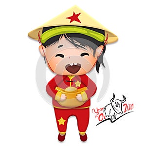 2021 Vietnamese New Year Tet illustration, buffalo, cute kid in traditional red shirt hold gold ingots, yellow hat, Lunar New Year