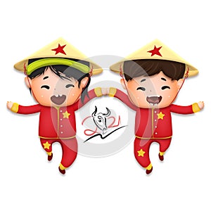 2021 Vietnamese New Year Tet illustration, buffalo, cute kids in traditional red shirt dancing, yellow hat, Lunar New Year. Hand