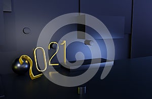 2021 year golden sign with black background. 3D illustration