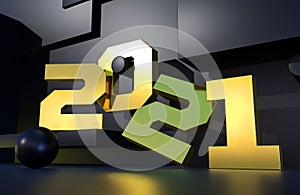 2021 year golden sign with black background. 3D illustration