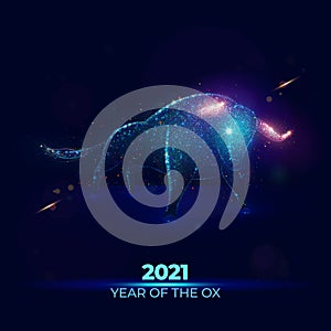 2021 Year of the Ox vector illustration made of neon particles