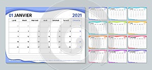 2021 year planner. French calendar template. Vector illustration. Week starts Monday