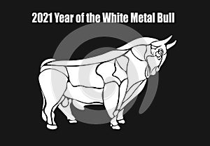 2021 year of the white metal bull. Happy New Year. Silhouette. Lunar horoscope sign. illustration