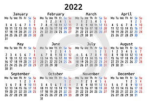 2022 calendar, English, Monday