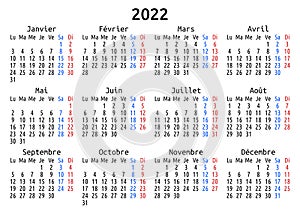 2022 calendar, French, Monday