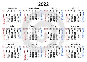 2022 calendar, Portuguese, Sunday