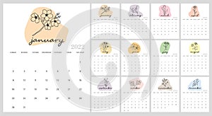 2022 calendar template with floral design.