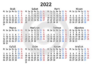 2022 calendar, Turkish, Monday