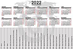 2022 calendar with world map and time zones