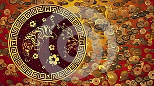 2022 Chinese New Year of the Tiger on the background of Chinese coins, Spring Festival, wish for wealth. Animated