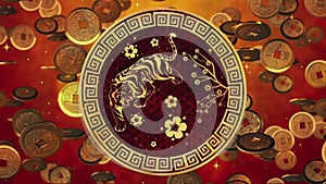 2022 Chinese New Year of the Tiger on the background of Chinese coins, Spring Festival, wish for wealth. Animated