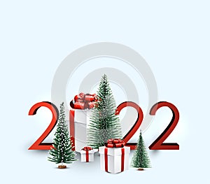 2022 Christmas background with firs and gift boxes