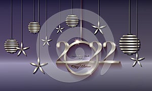 2022 Christmas luxury holiday banner with silver handwritten Merry Christmas and Happy New Year, platinum colored Christmas balls