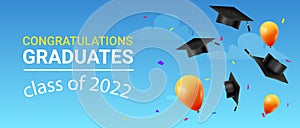 2022 class background hat in air banner. Graduation 2022 class party congrats success design background