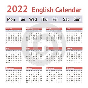 2022 European English Calendar. Weeks start on Monday