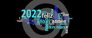 2022 greeting card on black background new year translated in many languages